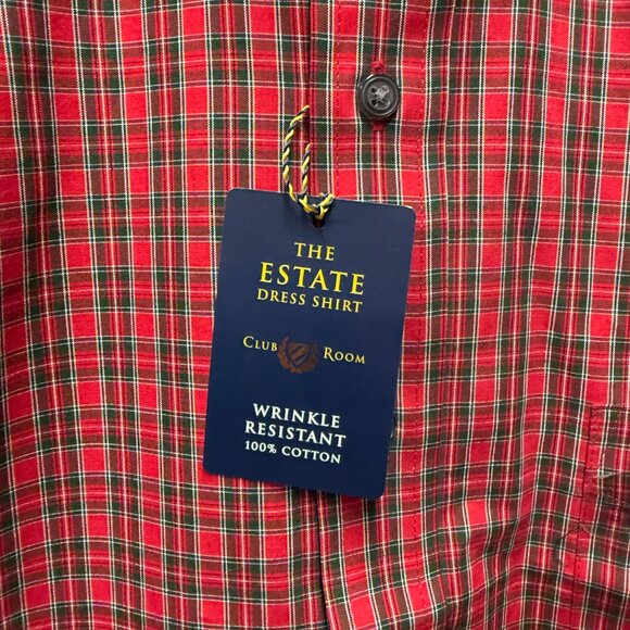 Club Room Button Up Shirt Men 17 Red Plaid Cotton Wrinkle Resistance Regular Fit - Picture 3 of 13